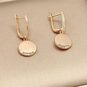 NEW Round Charm Drop Huggie Earrings 14K Gold Plated CZ Minimalist Geometric
